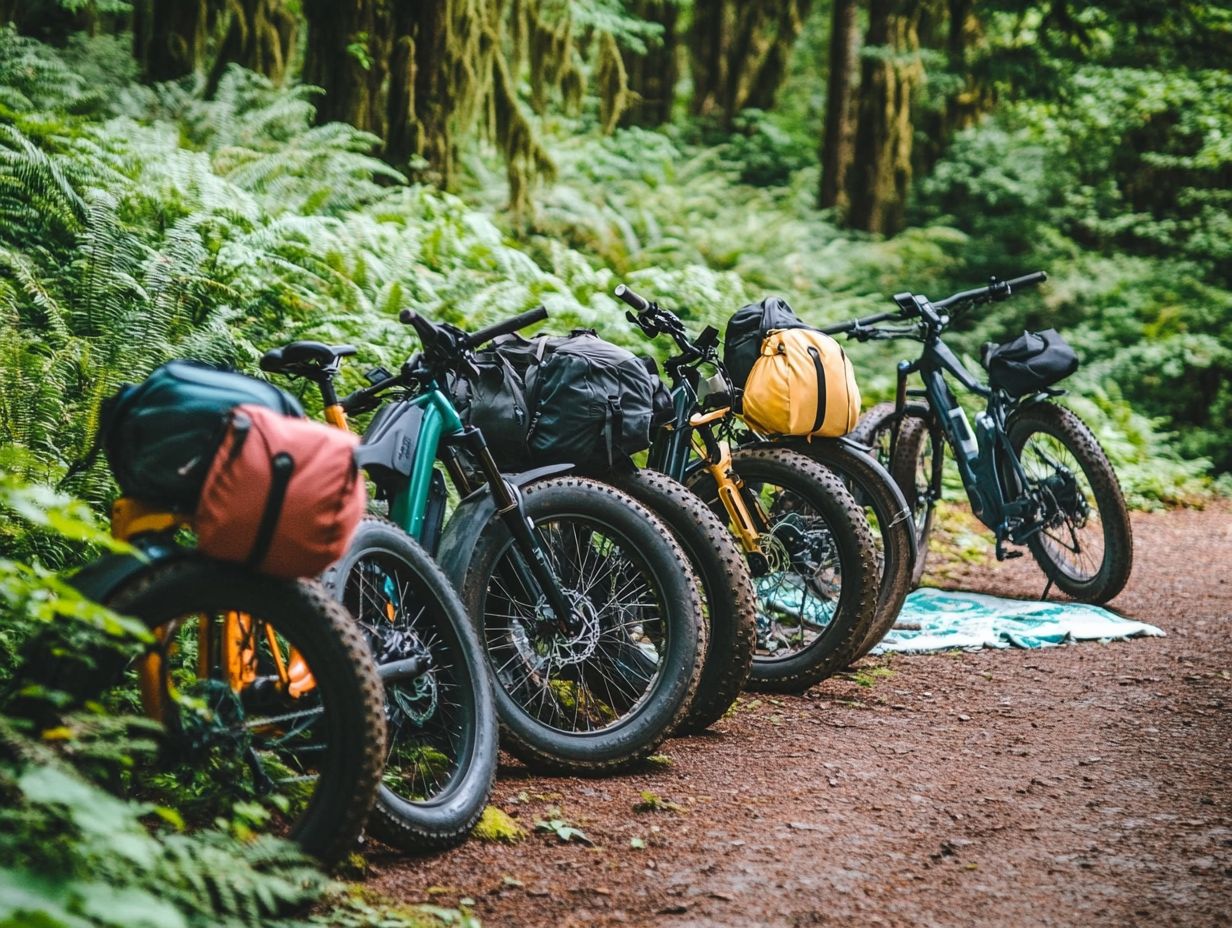 A variety of e-bikes showcasing their features for outdoor adventures.