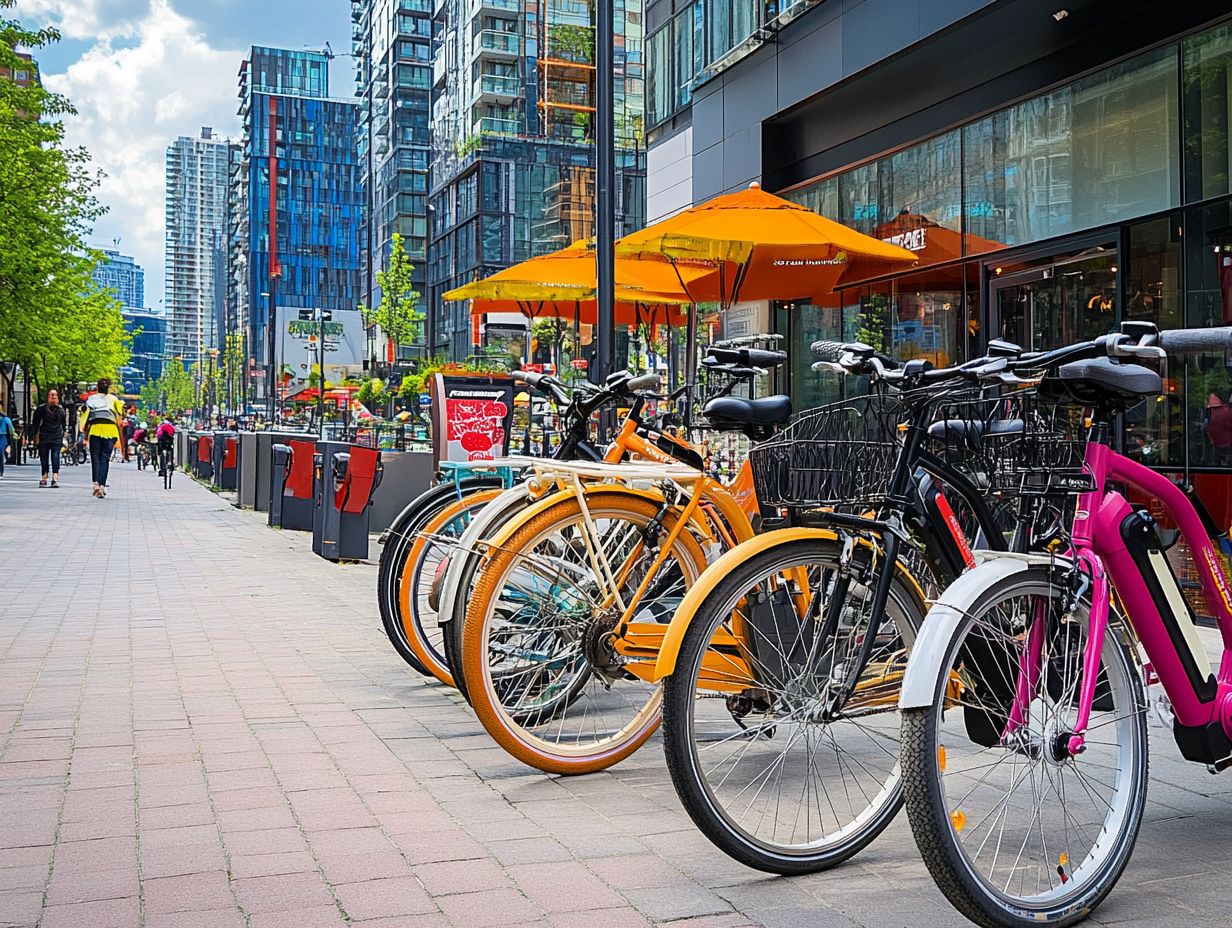 A person riding an electric bike through a busy city street.