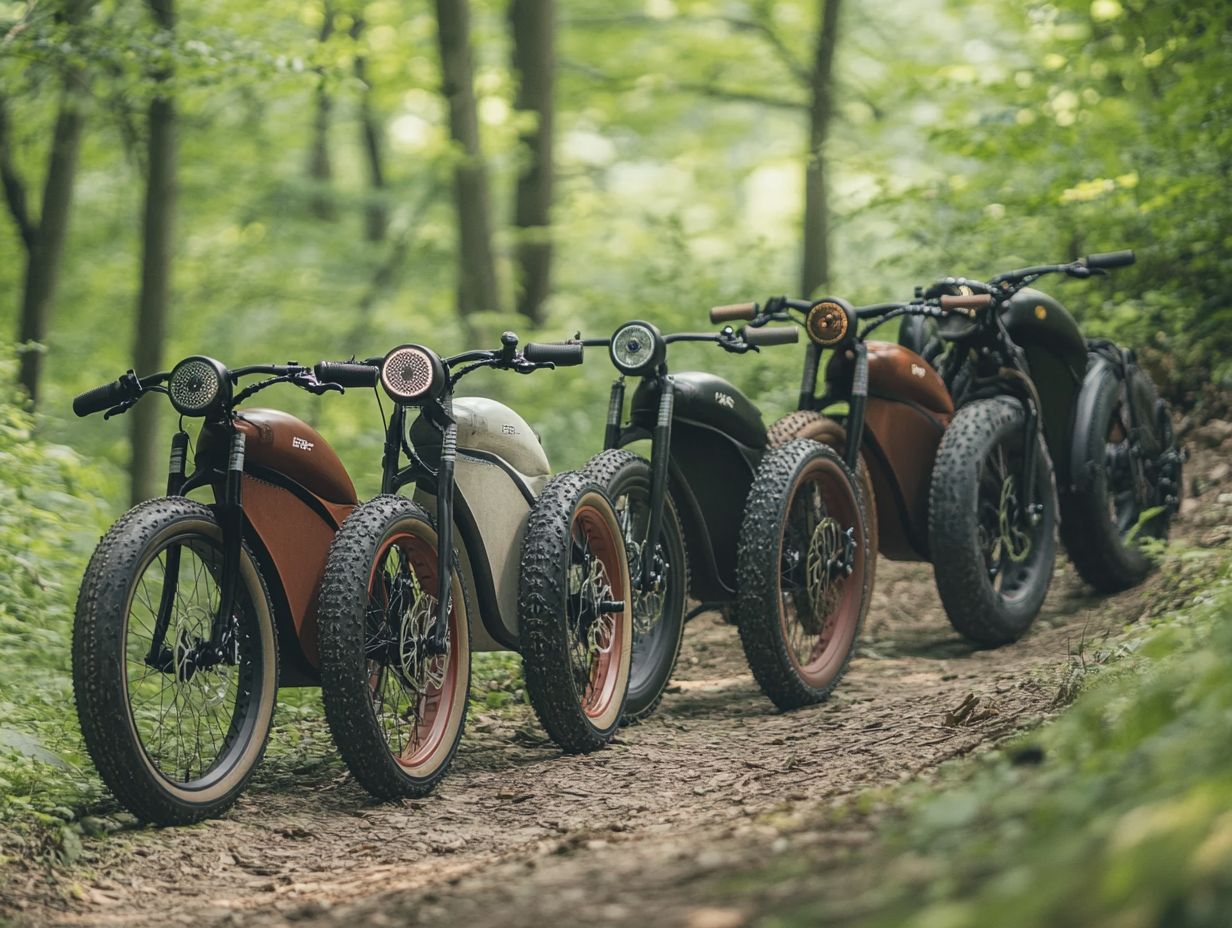 A variety of recumbent bikes displayed against a scenic backdrop