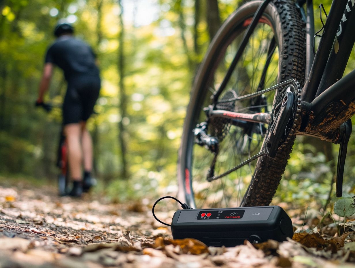 A cyclist using an electric bicycle pump for tire inflation