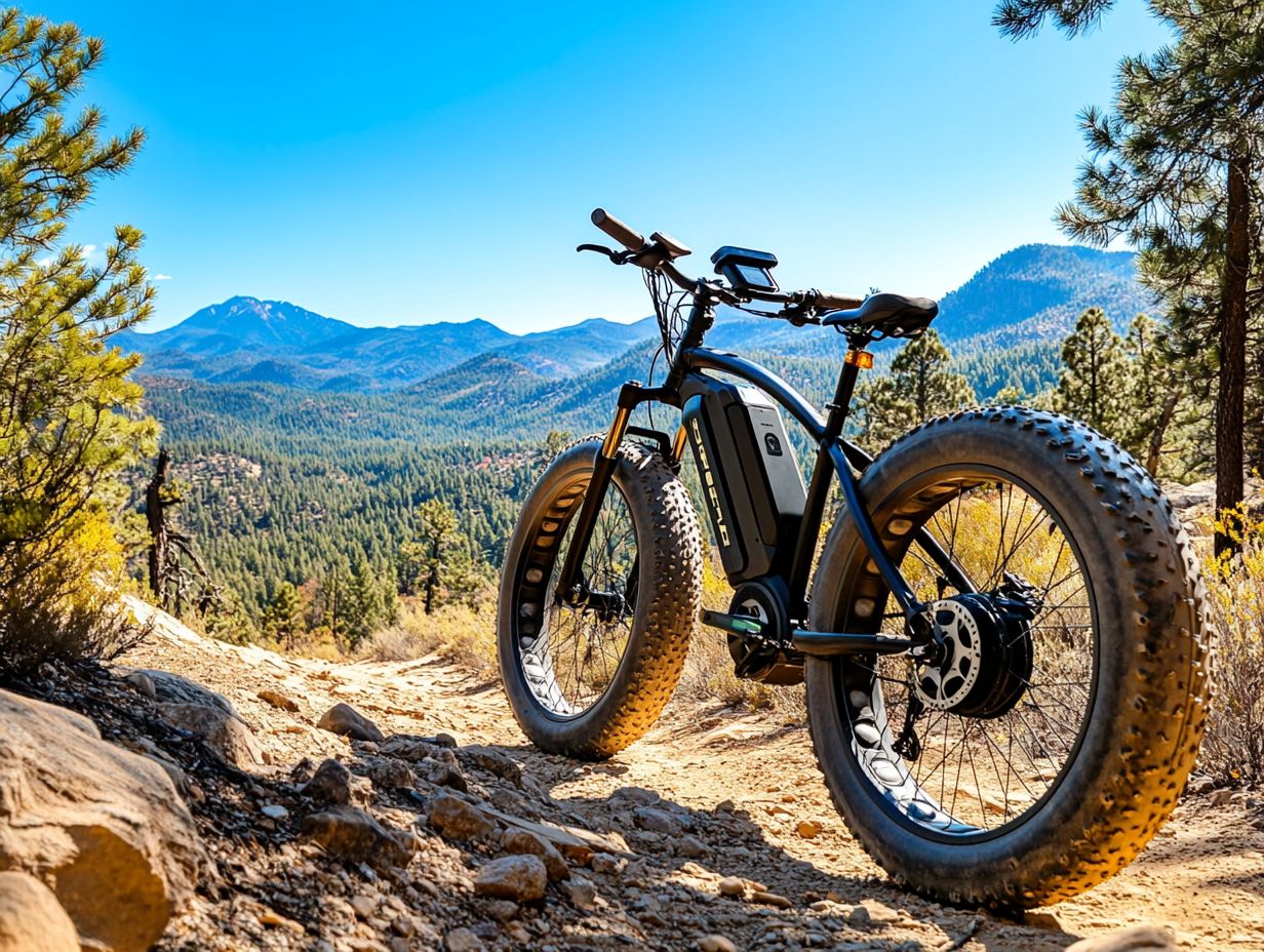 A group of people riding electric bicycles off-road in a scenic landscape