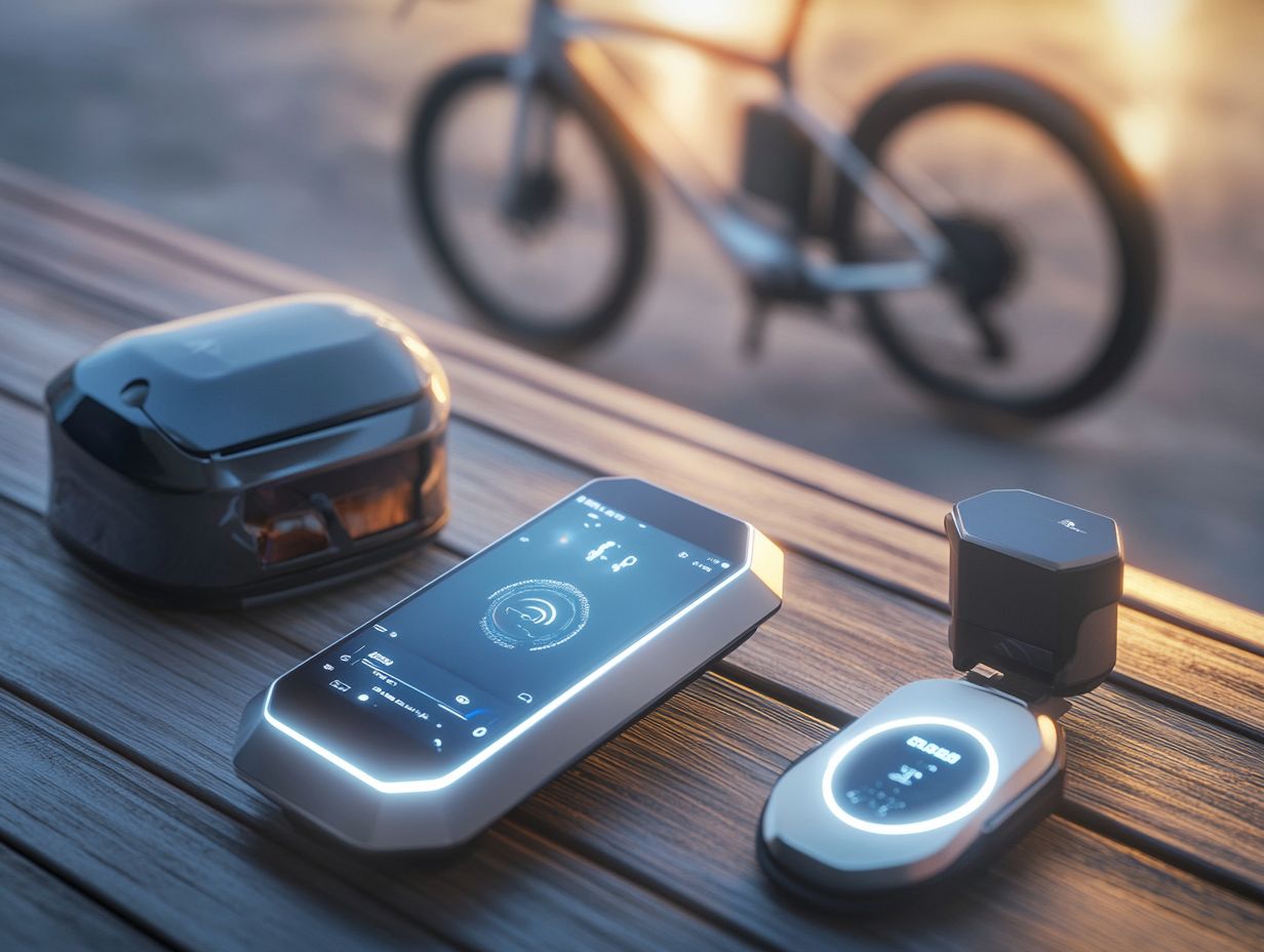 Various types of e-bike smart accessories including helmets, lights, and GPS trackers.