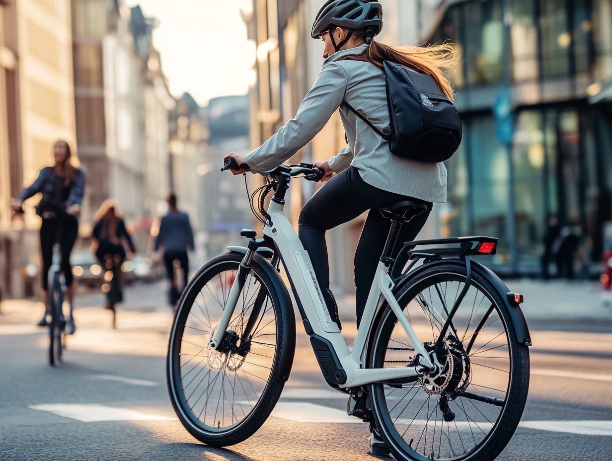 An e-bike parked in an urban setting with city buildings in the background.