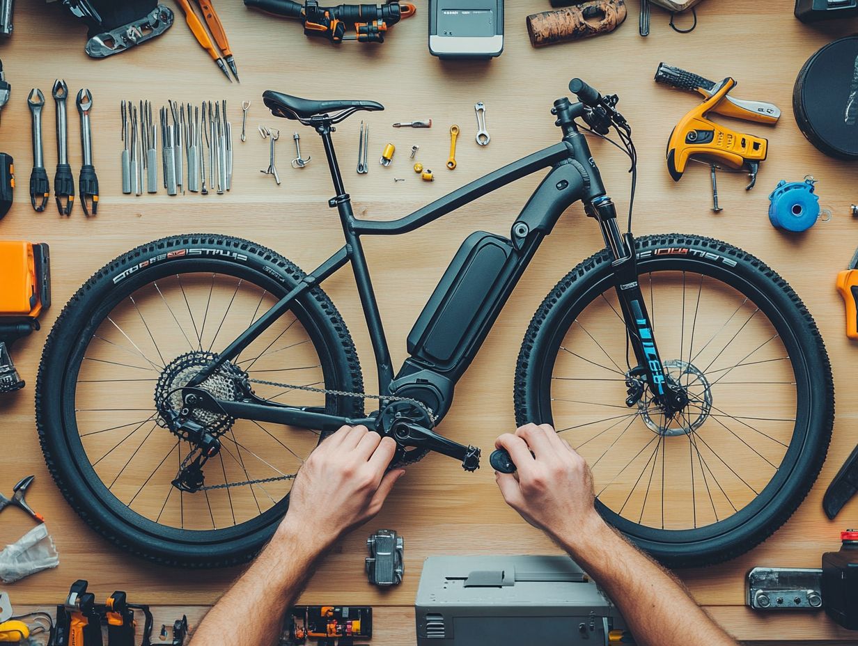 Illustration of checking and replacing worn brake pads on an electric bike