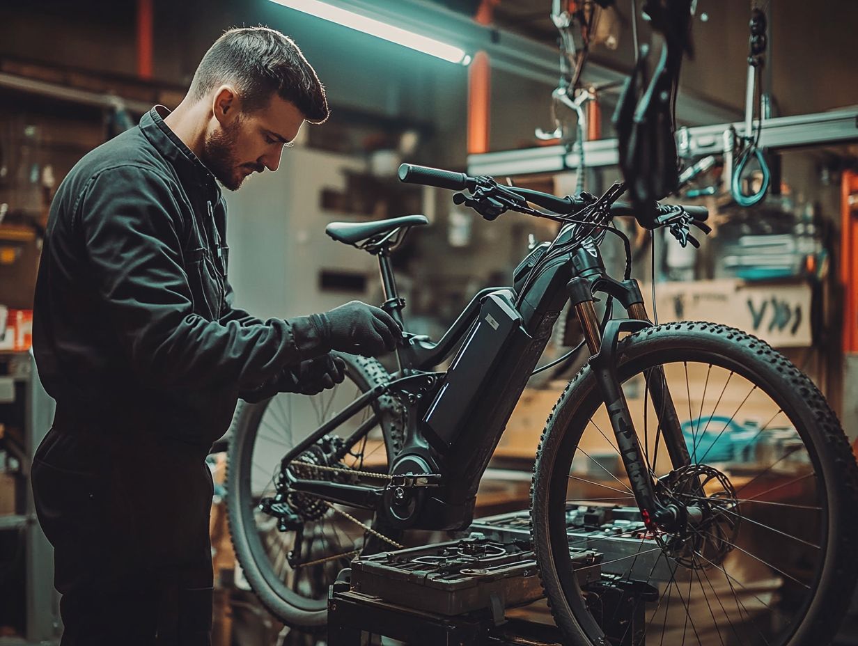 A technician performing preventative maintenance on an e-bike