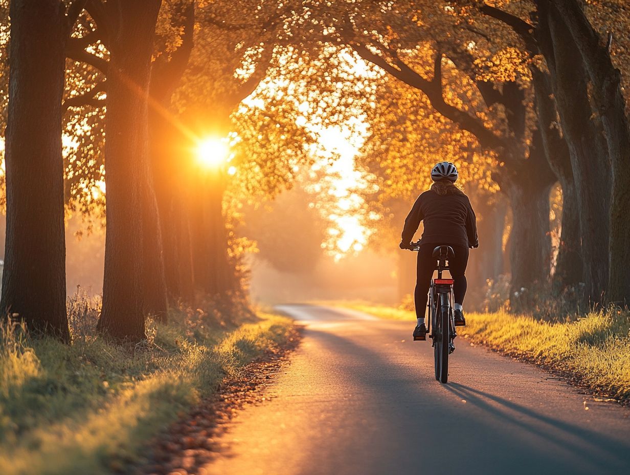 A scenic view of a cyclist enjoying an electric bicycle ride during sunset.